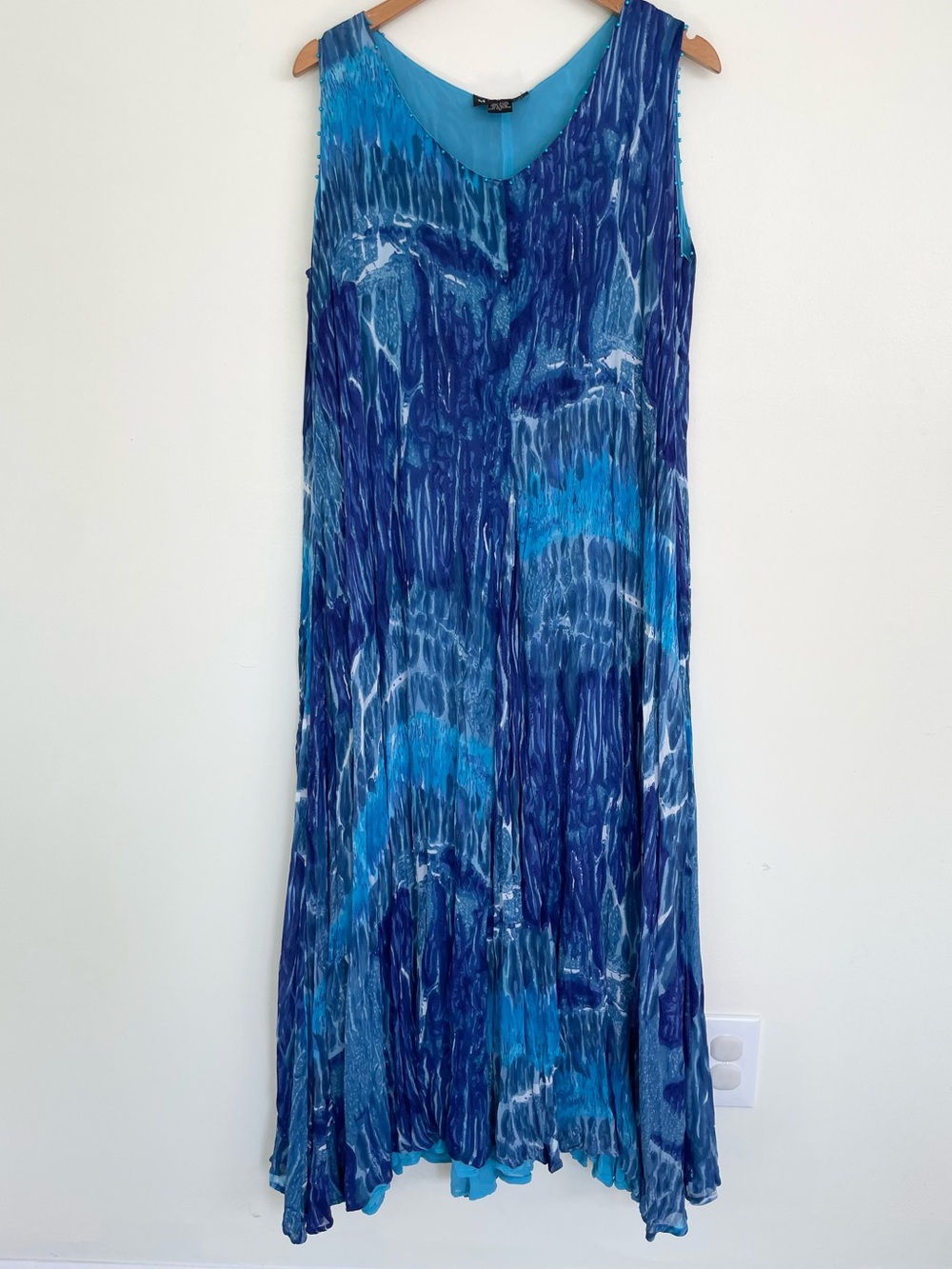 Vintage Blue Dye Beaded Midi Swing Dress M Medium Boho Artsy Hippie Fairy Witchy